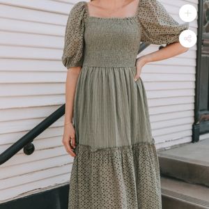 Olive Green Smocked Midi Dress